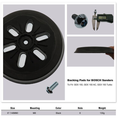 Platorello Abrasivo 150 Mm Con Gancio E Loop 6 Fori Per Levigatrice Orbitale Bosch GEX 150, GEX 150 AC E Turbo, In Gomma Nera