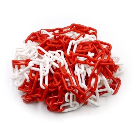 Catena di segnalazione in plastica rossa e bianca 10 m x 8 mm - Catena di segnalazione leggera e pratica con 4 ganci a S - Catena di plastica per bloccare le superfici