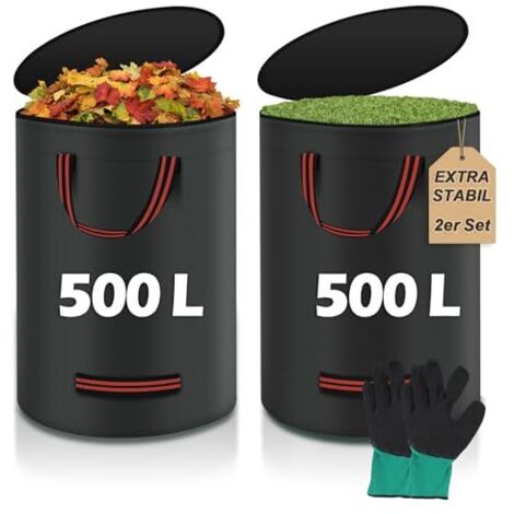sacchi da giardino da 500 litri, sacchi per foglie, sacchi per rifiuti da giardino, robusti con coperchio e guanto inclusi - Grandi, resistenti agli strappi e impermeabili, sacchi per foglie per rifiu