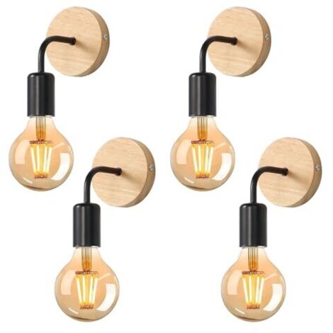 Lámpara de pared de madera de 4 piezas, apliques industriales de interior, iluminación vintage E27 para dormitorio, sala de estar, pasillo y restaurante, color negro. (1/5)
