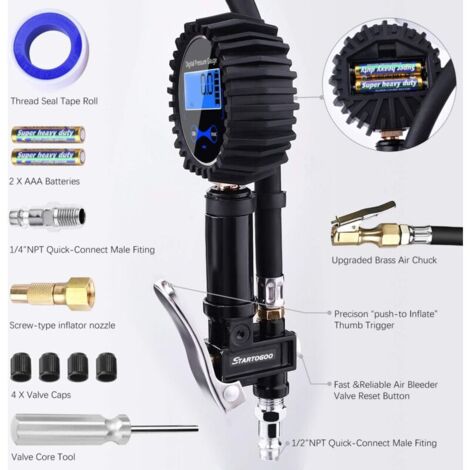 Manómetro Digital 220 PSI Con Pistola Infladora Y Manguera Para Coches, Motos, Bicis Y Más, 4 Unidades De Medida