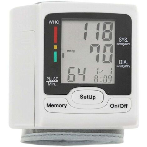 Tensiómetro automático de muñeca con pantalla LCD digital para uso médico doméstico para medir el pulso.