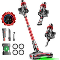 Aspirateur balai sans fil 80 000 Pa 750 W avec écran tactile – Aspirateur à main pour poils d’animaux, tapis et sols durs, autonomie 70 min, 3 vitesses, bac à poussière 1,8 L, Gronfont, Rouge