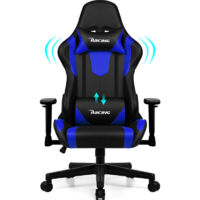 Chaise Gaming, Chaise Bureau Ergonomique avec Coussin Lombaire, Appui-tête et Accoudoirs Réglables, Fauteuil Gaming avec Fonction Bascule 150 kg, Bleu