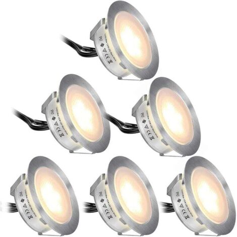 Juego de 6 focos LED empotrables para exterior, blanco cálido 2800K, IP67, 12 V CC, 1,5 W, Ø55 mm, para terraza de madera y escalera, con enchufe europeo. (1/5)