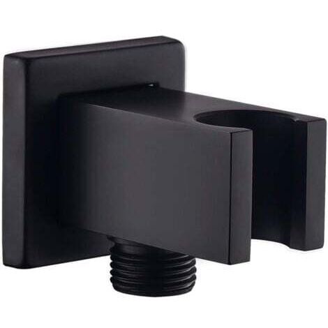 Codo de pared con soporte de ducha, conector cuadrado de latón de 1/2 pulgada para manguera de ducha, salida de agua de pared, color negro