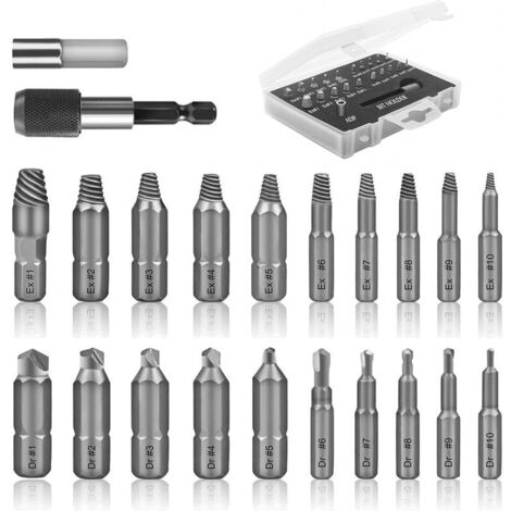 Kit de extracción de tornillos rotos, 22 piezas, herramientas de extracción mejoradas, acero de aleación HSS 4341, con brocas, 2 soportes de extensión magnéticos y adaptador de enchufe para pernos dañ (1/5)