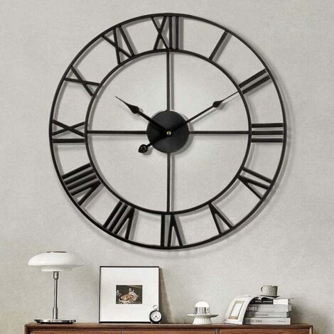 Reloj de pared grande con números romanos modernos, silencioso, redondo, de metal, para sala de estar, cocina, dormitorio, estilo vintage, para jardín, decoración, color negro, 40 cm