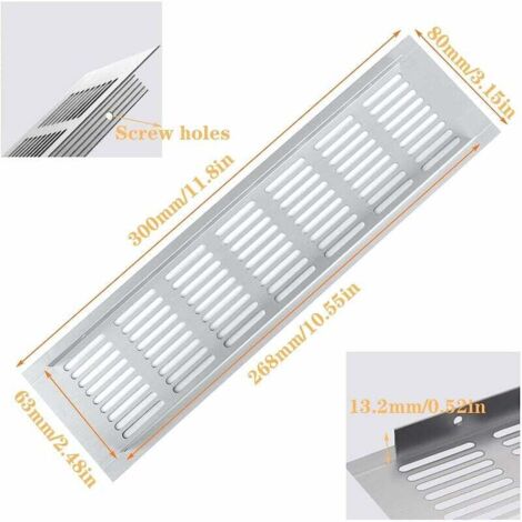 Rejilla de ventilación de aluminio de 4 piezas, rejilla de ventilación rectangular de gran tamaño para horno, para ventilación de armarios y muebles (80 x 300 mm) (1/4)