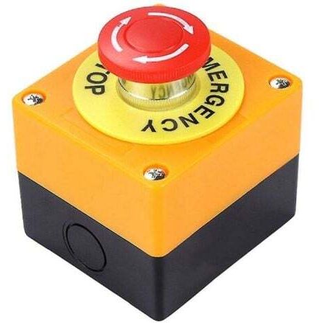 Pulsador de parada de emergencia tipo seta de color rojo, con 1 contacto normalmente abierto (NO) y 1 contacto normalmente cerrado (NC), capaz de manejar hasta 10A a 660V. (1/4)