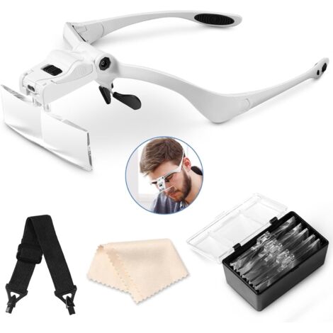 Lupa de diadema con luz LED, lupa de cabeza con 5 lentes desmontables (1.0X, 1.5X, 2.0X, 2.5X, 3.5X), para trabajos de precisión, lectura, joyería, bordado, costura y joyería. (1/5)