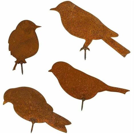 4 siluetas de pájaros de metal oxidado, pájaros patinados con tornillos, decoración de pájaros oxidados, para vallas de jardín, árboles y ramas (decoración oxidada), (1/5)