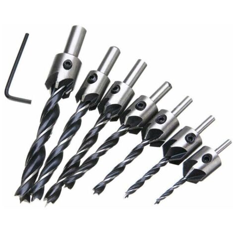 Juego de brocas avellanadoras para madera de 5 ranuras, HSS, acero de alta velocidad, escariador para carpintería, herramienta de biselado de 3, 4, 5, 6, 7, 8 y 10 mm, con llave hexagonal (7 unidades) (1/5)