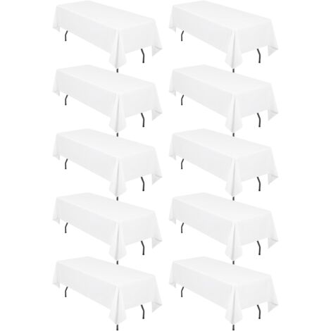 Paquete de 10 manteles rectangulares de poliéster blanco de 153 x 260 cm para mesas rectangulares de 1,83 m. Resistentes a manchas y arrugas para bodas, restaurantes, fiestas y banquetes. (1/5)