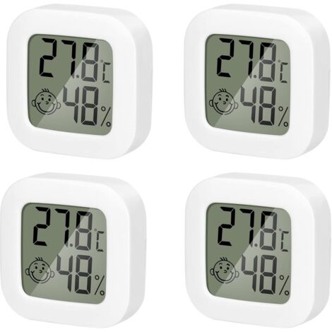 Paquete de 4 mini termómetros higrómetros para interiores, monitor de temperatura y humedad de alta precisión con icono de aire cómodo para cocina, habitación de bebé, invernadero, almacén y oficina.
