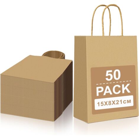 50 bolsas pequeñas de papel kraft con asa, bolsa de regalo marrón de 15 x 8 x 21 cm, bolsas de papel para regalo, bolsas de papel kraft para fiestas, Navidad, bodas y cumpleaños.