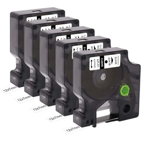 Paquete de 5 cintas de etiquetas de repuesto compatibles con Dymo D1 45013 S0720530 (12 mm x 7 m), color negro sobre blanco, con Dymo Label Manager 160, 200, 210D, 280, 360D, 420P y 450D. (1/5)
