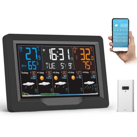 Estación meteorológica inalámbrica para interiores y exteriores, con conexión Wi-Fi y pronóstico para 5 días, pantalla con brillo ajustable de 4 niveles, sensor de tiempo, termómetro, higrómetro y 3 d (1/5)