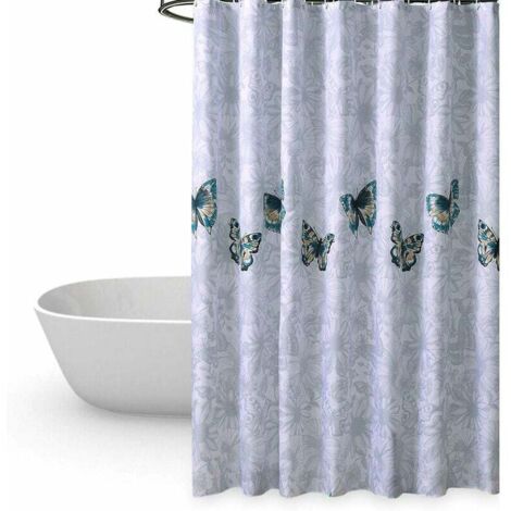Cortina de ducha de 80 a 180 cm, impermeable, antimoho, antibacteriana, sin olor, de poliéster, con ganchos, diseño de mariposas. (1/5)
