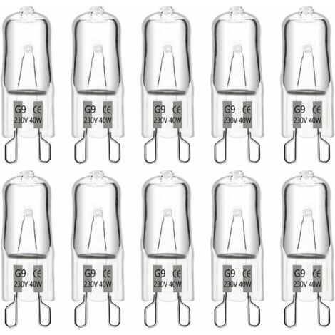 Bombilla halógena G9 de 40 W, 230 V, 480 lm, 2900 K, luz blanca cálida, regulable, cápsula G9, para lámparas de araña, lámparas de paisaje, apliques de pared e iluminación de armarios (paquete de 10) (1/5)