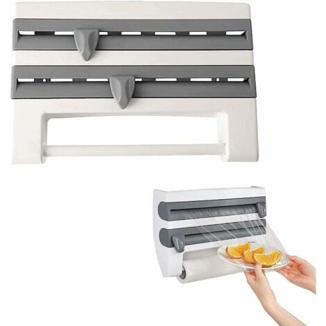 Portarrollos de film transparente de pared para cocina, dispensador de papel de aluminio y film, portarrollos de papel de cocina de pared, dispensador triple, cortador de film (gris)