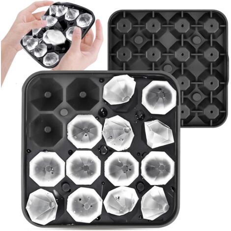 Bandeja para cubitos de hielo, bandeja de silicona para cubitos de hielo, bandeja con 16 cubitos de hielo de diamante con tapa, ideal para bebidas frías, whisky y cócteles, silicona de grado alimentic