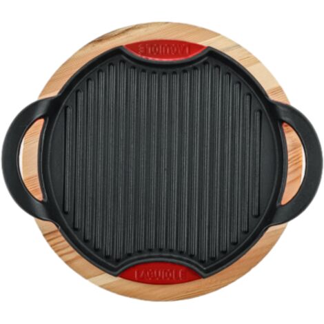 Grill rond en fonte rouge 28cm avec support en bois
