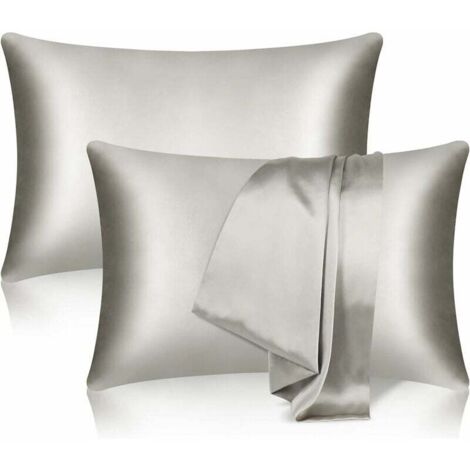 Longziming – Lot de 2 taies d'oreiller en soie de mûrier 100% pure – Double face, douce et lisse – 51 x 76 cm, fermeture éclair cachée, gris