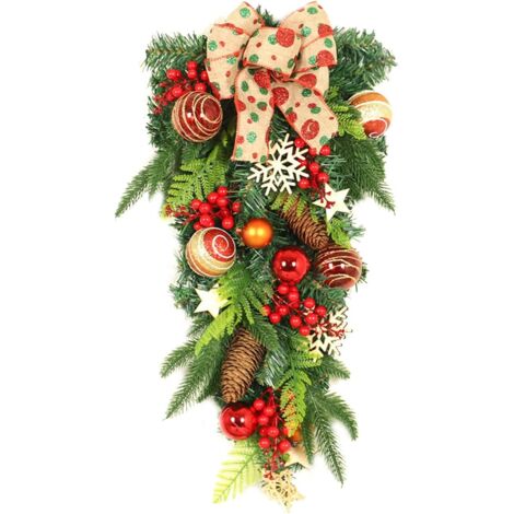 Couronne de Noël de 60 cm avec ruban vert en forme de larme et pommes de pin - Décoration de Noël à accrocher à une porte d'entrée ou un mur (1/5)