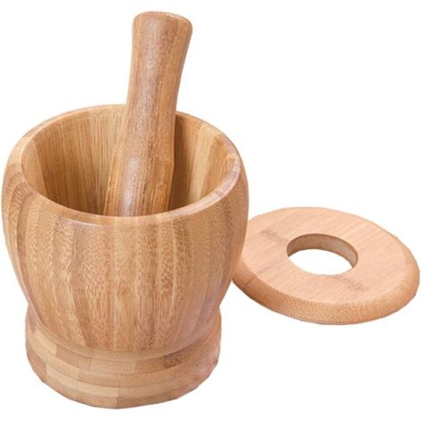 Mortier et pilon en bambou avec couvercle, moulin à épices, ustensiles de cuisine pour mélanger herbes et épices, bol à broyer, ustensiles de cuisine (1/5)