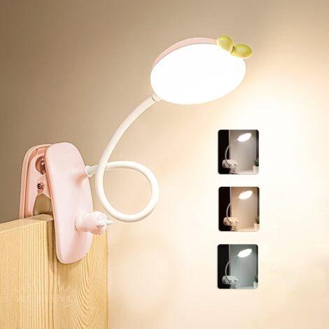 Lampe à pince pour enfants, lampe de lecture LED rechargeable à intensité variable, lampe de nuit tactile flexible à 360°, 2400 mAh, lampe de bureau USB sans fil pour lit, bureau ou table, rose (1/5)