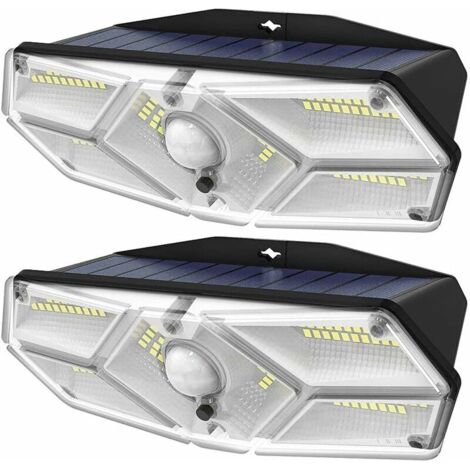 Longziming – Lot de 2 appliques murales solaires 104 LED – Détecteur de mouvement IPX5 – Éclairage 270° pour garage et allée – Panneau solaire efficace (1/5)