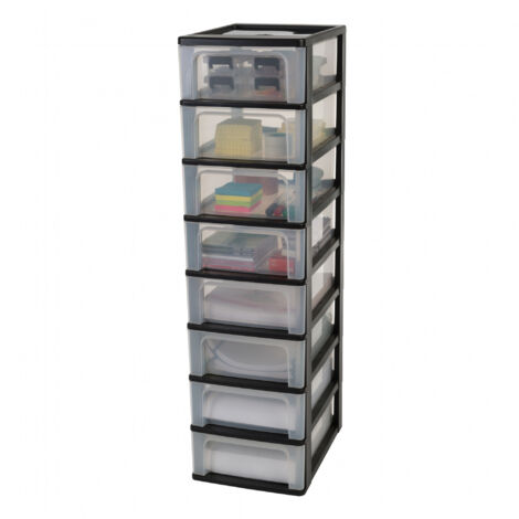 Iris Ohyama, Tour de Rangement Plastique, 8 Tiroirs Moyens, Noir, Ouverture Facile, Format A4, A5 & A6, Meuble, Organisateur, pour Bureau, Fourniture Scolaire, Papeterie, Sans BPA, OCH-2008