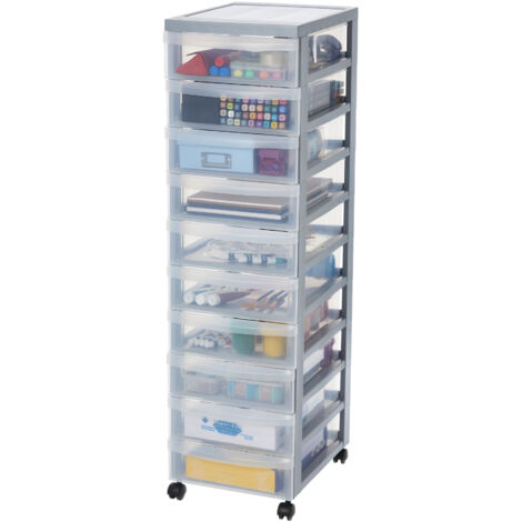 Iris Ohyama, Tour de rangement plastique sur roulettes A4, 10 Petits Tiroirs, Gris, DC-010