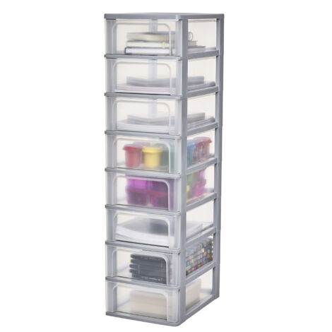 Iris Ohyama – Caisson de rangement plastique A4 8 tiroirs moyens – Dimensions L26 x P35.5 x H96.5 cm – Matériau sans BPA – Poignées intégrées ergonomiques