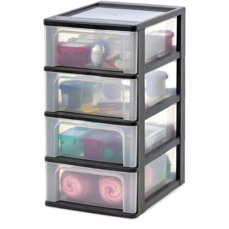 Iris Ohyama, Tour de Rangement Plastique, 4 Tiroirs Moyens, Noir, Ouverture Facile, Format A4, A5 & A6, Meuble, Organisateur, pour Bureau, Fourniture Scolaire, Papeterie, Sans BPA, OCH-2004