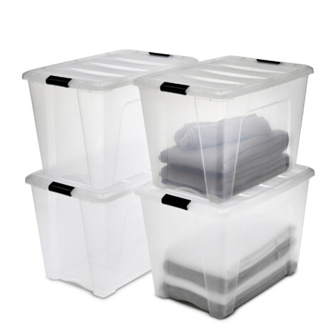 Iris Ohyama, Boite Rangement Plastique avec Couvercle, 60L, Lot de 3, Transparent, Clips de Fermeture, Poignée, Empilable, pour Chambre, Dressing, Bureau, Sans BPA, Caisse de Rangement, Bac, NTB-60