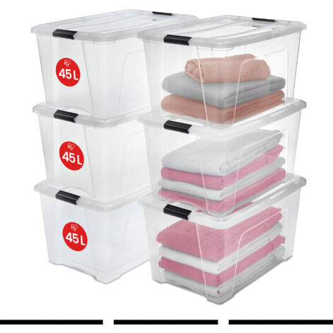 Boîte de rangement plastique 45L – Lot de 6 – Dimensions L39.5 x P58 x H30 cm – Couvercle renforcé et clips de fermeture – Poignée intégrée – Iris Ohyama - NTB-45