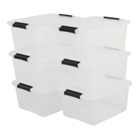 Iris Ohyama, Boite Rangement Plastique avec Couvercle, 15L, Lot de 6, Transparent, Clips de Fermeture, Poignée, Empilable, Portable, Solide & Durable, pour Dressing, Garage, Chambre, Bureau, TB-15