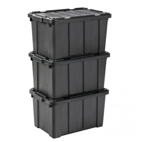 Iris Ohyama – Caisse de rangement avec couvercle 50L – Lot de 3 – Plastique polypropylène résistant – Poignée ergonomique – Empilable pour garage