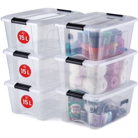 Iris Ohyama, Boite Rangement Plastique avec Couvercle, 15L, Lot de 6, Transparent, Clips de Fermeture, Poignée, Empilable, Organisation Solide & Durable, pour Chambre, Dressing, Bureau, NTB-15