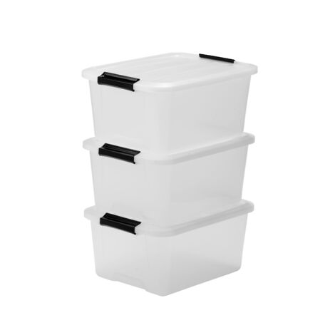Iris Ohyama, Boite Rangement en Plastique avec Couvercle, 15L, Lot de 3, Transparent, Clips de Fermeture, Poignée, Empilable, Portable, Solide & Durable, pour Dressing, Garage, Chambre, Bureau, TB-15