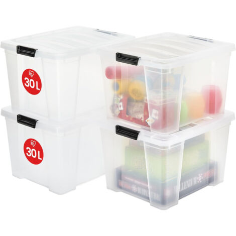 Iris Ohyama, Boite de Rangement Plastique avec Couvercle, 30L, Lot de 4, Transparent, HB-30