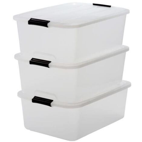 Iris Ohyama, Boite Rangement Plastique avec Couvercle, 30L, Lot de 3, Transparent, Clips de Fermeture, Poignée, Empilable, Portable, Solide & Durable, pour Dressing, Garage, Chambre, Bureau, TB-30