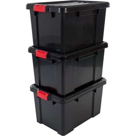 Iris Ohyama, Boîtes de rangement plastique avec couvercle et fermeture à Clips, 50L, Lot de 3, Empilables, Emboîtable, Sans BPA, Grenier, Cabanon, Garage, Garage, SK-450, Noir