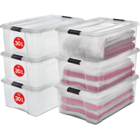 Iris Ohyama, Boite Rangement Plastique avec Couvercle, 30L, Lot de 6, Transparent, Clips de Fermeture, Poignée, Empilable, Organisation Solide & Durable, pour Chambre, Dressing, Bureau, NTB-30