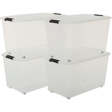 Iris Ohyama, Lot de 4 boîtes de rangement, 70 L, avec roues, clips de fermeture, salon, chambre, garage - Top Box Roller TBR-70 - Transparent
