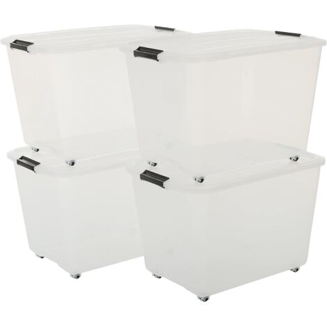 Iris Ohyama, Lot de 4 boîtes de rangement, 60 L, avec roues, clips de fermeture, salon, chambre, garage - Top Box Roller TBR-60 - Transparent