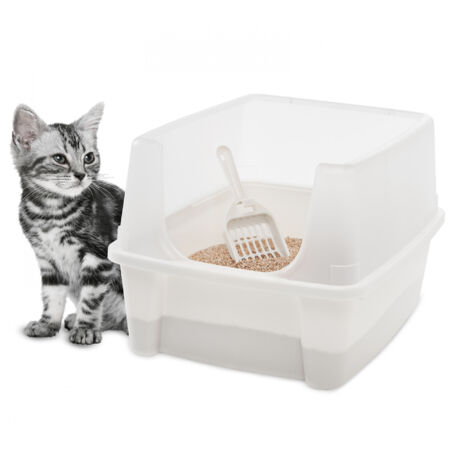 Iris Ohyama, Bac à litière pour chat avec côtés hauts, pas de déversement de litière, bord haut amovible, hauteur d'entrée : 15 cm, pelle incluse, pour chat - Cat Litter Box CLH-12 - Blanc