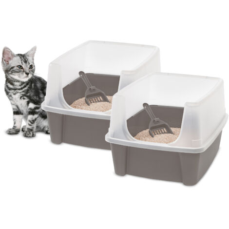 Iris Ohyama, 2 Pack, Bac à litière pour chat avec côtés hauts, pas de déversement de litière, bord haut amovible, pelle incluse, pour chat - Cat Litter Box CLH-12 - Taupe